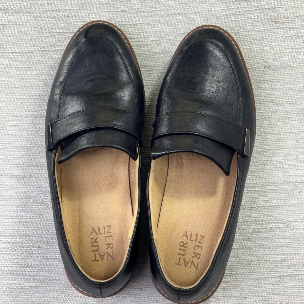 Naturalizer Adiline Black Leather Penny Loafers Lug Sole Shoes Womens 8.5W Wide